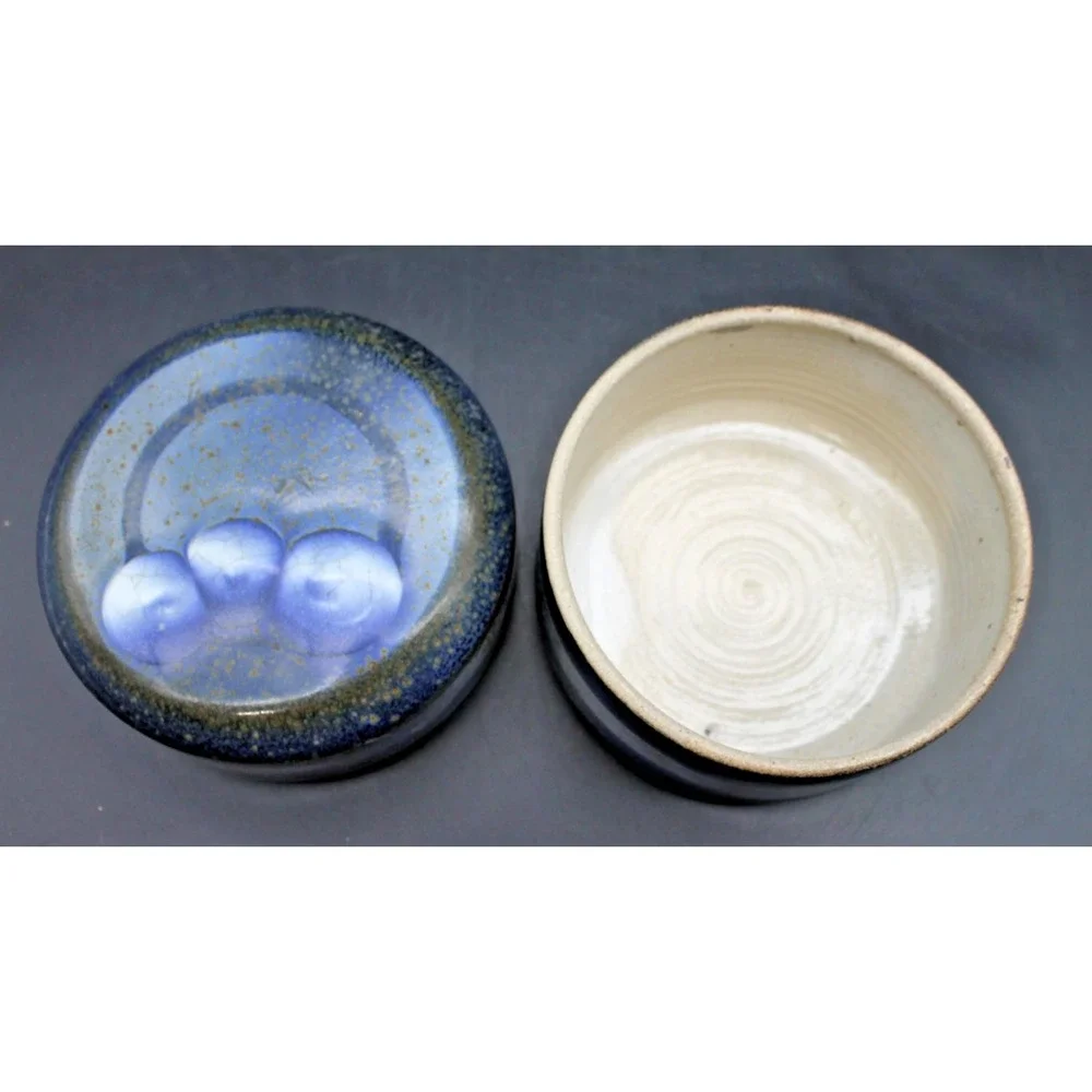 Studio Pottery Lidded Jar Blue Speckled Stoneware Trinket Box Handmade 4in